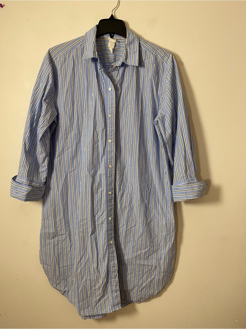 Light Blue Striped Cotton Long Sleeve Women's Shirt Dress